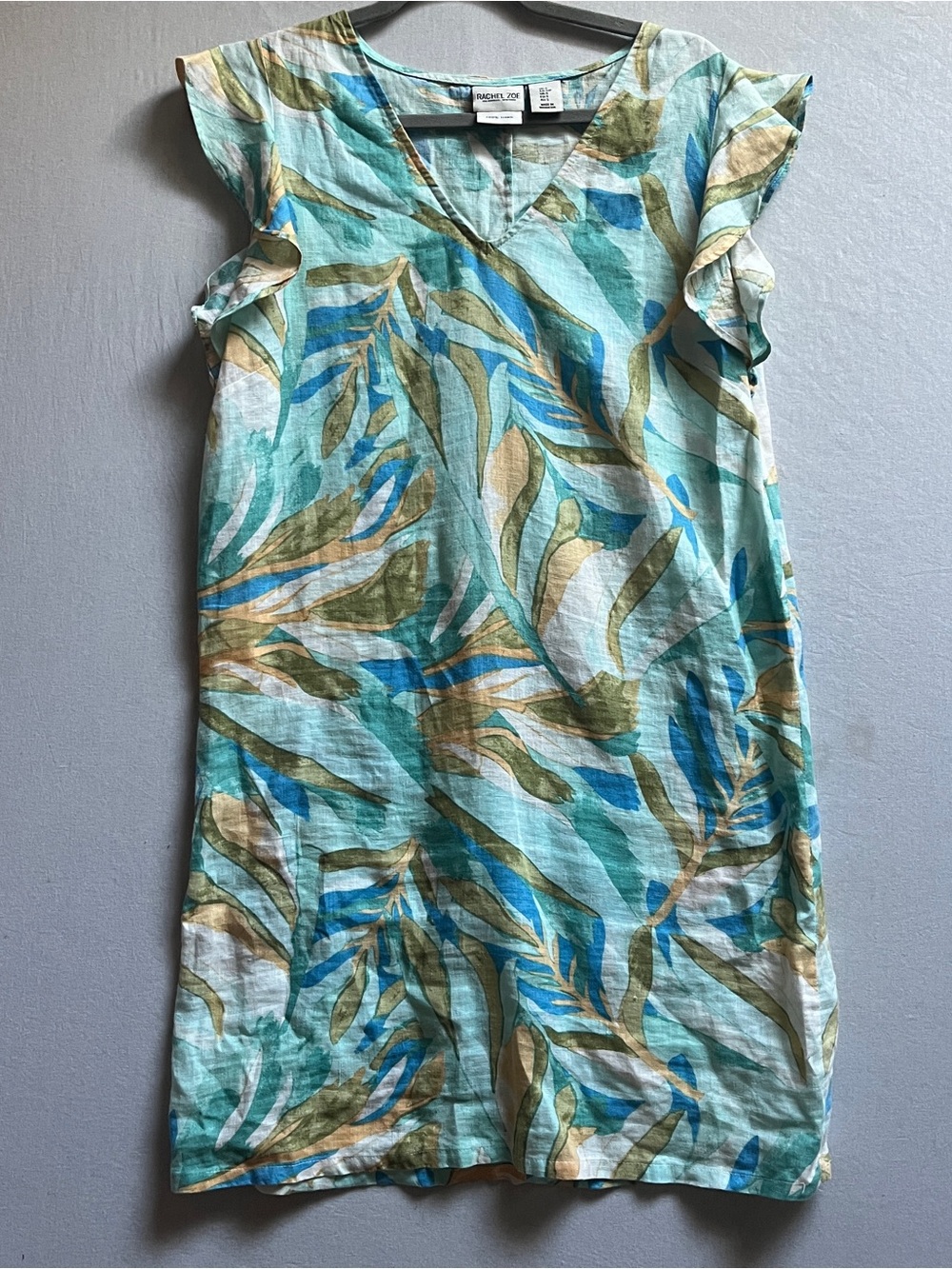 Rachel Zoe 100 Linen Leaf Print V-Neck Flutter Sleeve Tunic Top Size S